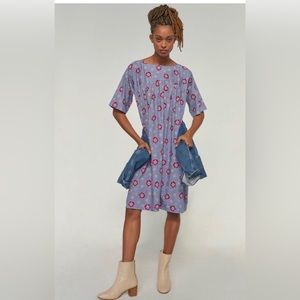 Anthropologie Carleen Floral Tunic Blue Dress with pockets Size Medium